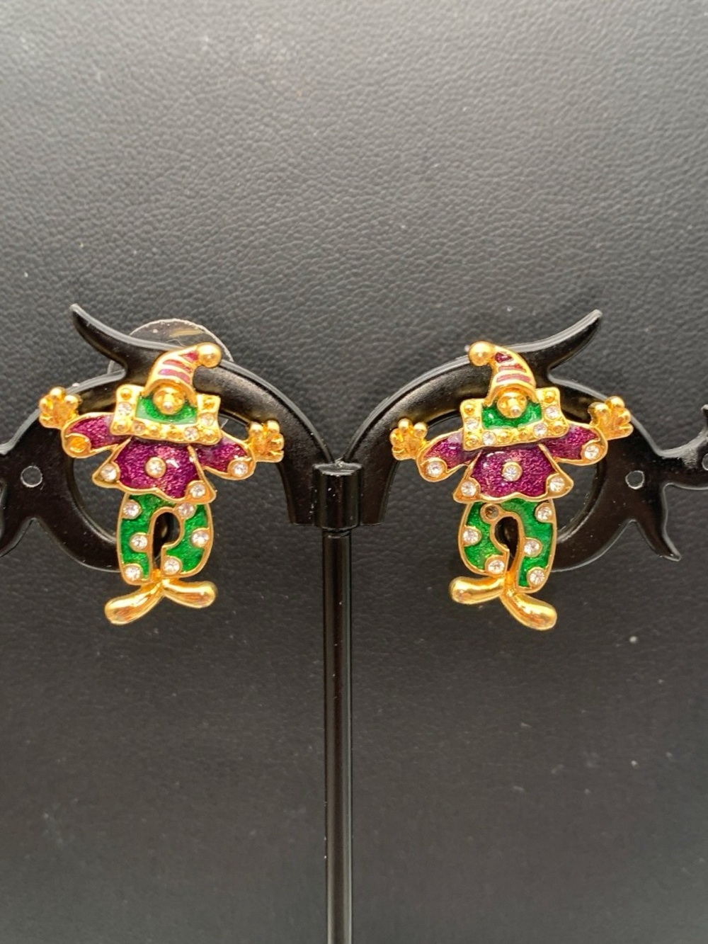 Vintage Gold Tone Green & Purple articulated clown / Jester Drop Earrings